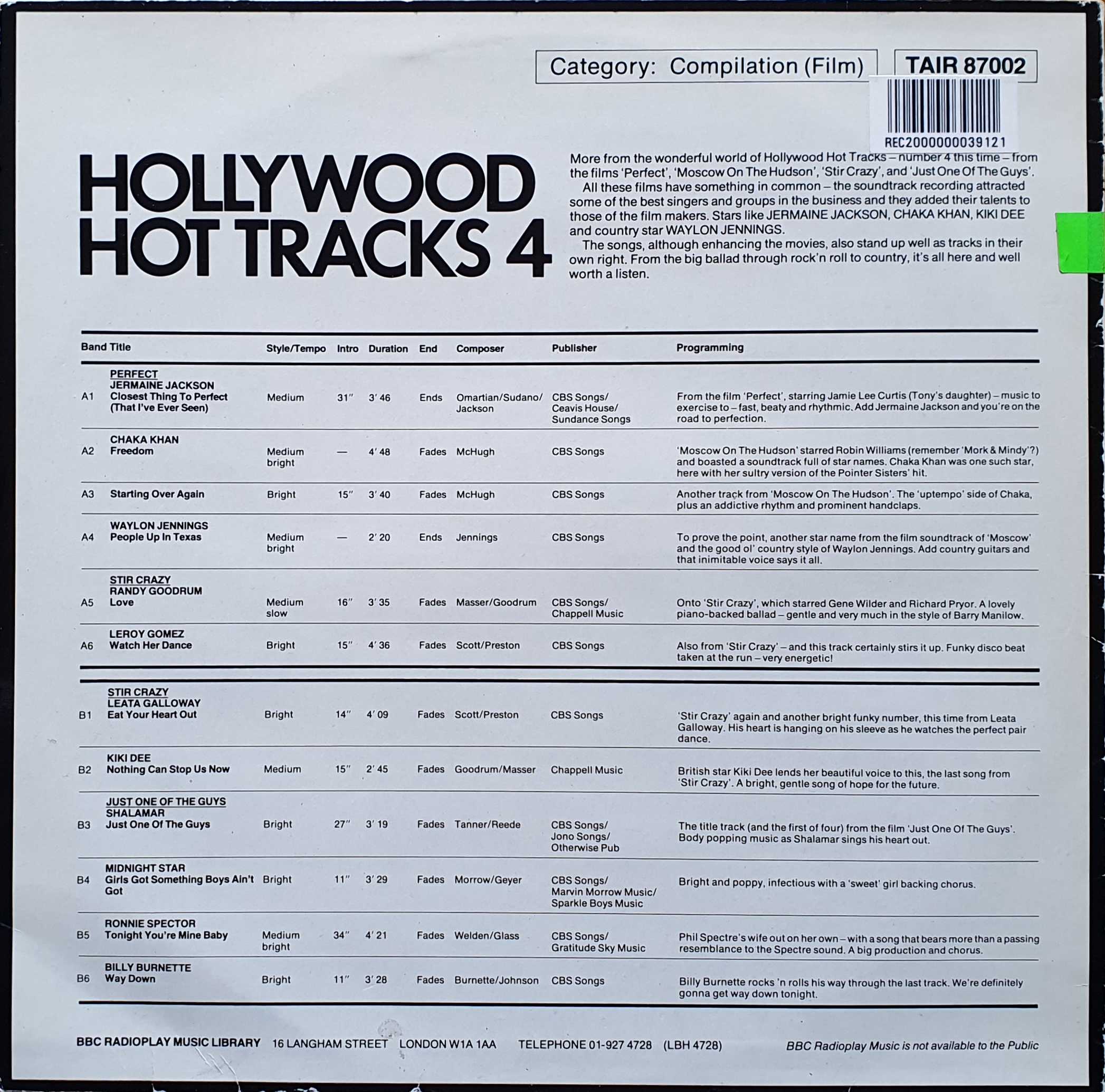 Picture of TAIR 87002 Hollywood hot tracks 4 by artist Various from the BBC records and Tapes library